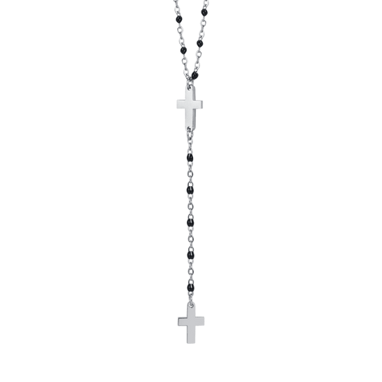 STEEL WOMEN'S ROSARY NECKLACE WITH CROSSES AND BLACK ELEMENTS
