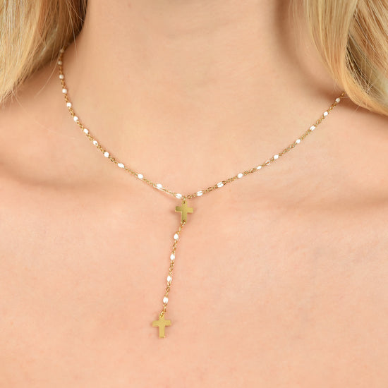 WOMAN'S ROSARY NECKLACE IN IP GOLD STEEL WITH CROSSES AND WHITE ELEMENTS Luca Barra