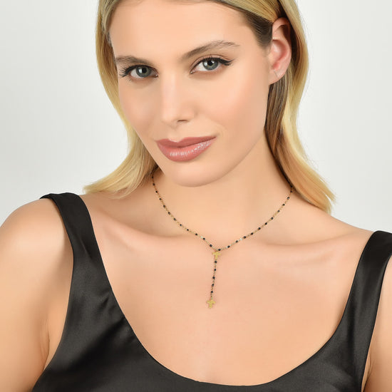 STEEL WOMEN'S ROSARY NECKLACE WITH CROSSES AND BLACK ELEMENTS