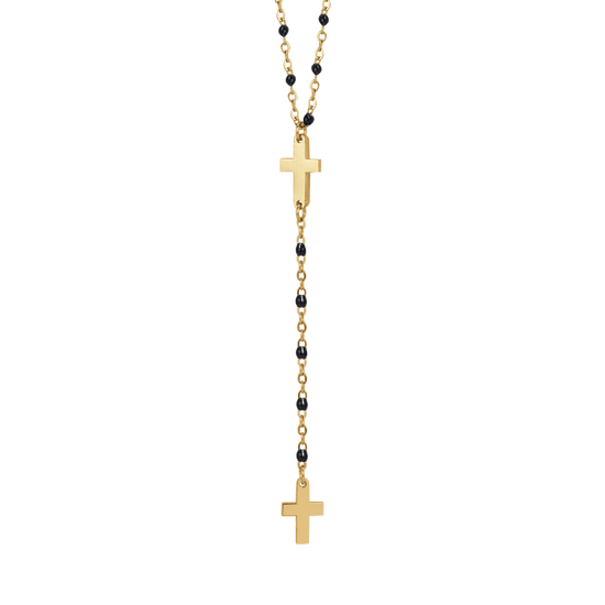 STEEL WOMEN'S ROSARY NECKLACE WITH CROSSES AND BLACK ELEMENTS