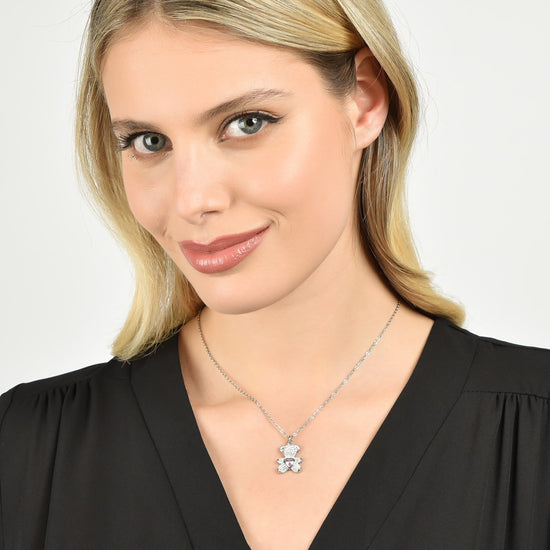 WOMEN'S STEEL TEDDY BEAR NECKLACE WITH PINK AND WHITE CRYSTALS