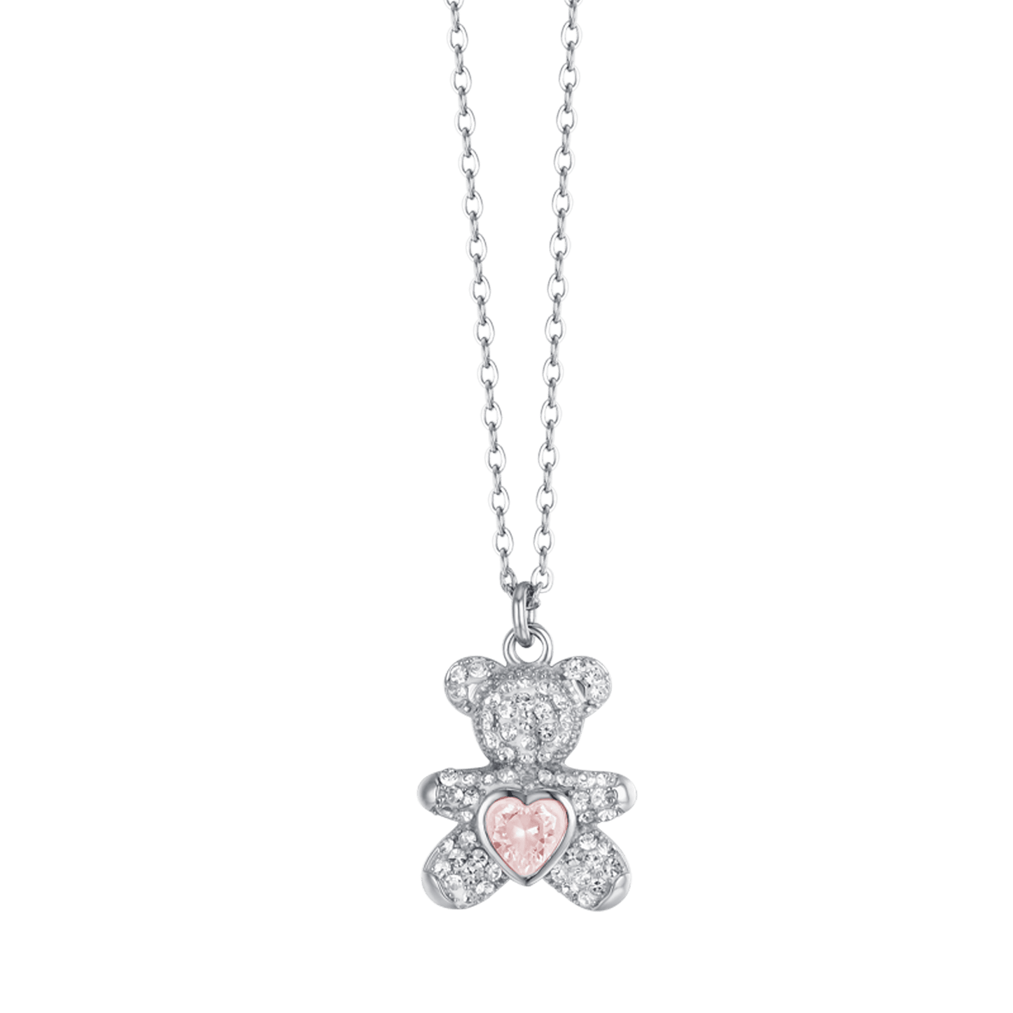 WOMEN'S STEEL TEDDY BEAR NECKLACE WITH PINK AND WHITE CRYSTALS
