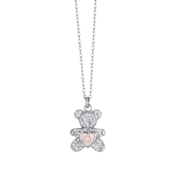 WOMEN'S STEEL TEDDY BEAR NECKLACE WITH PINK AND WHITE CRYSTALS
