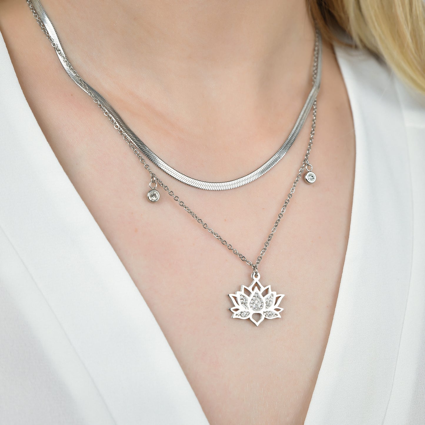 WOMAN'S NECKLACE IN STEEL WITH LOTUS FLOWER WITH WHITE CRYSTALS Luca Barra