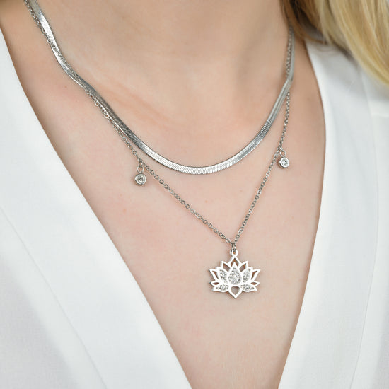 WOMAN'S NECKLACE IN STEEL WITH LOTUS FLOWER WITH WHITE CRYSTALS Luca Barra