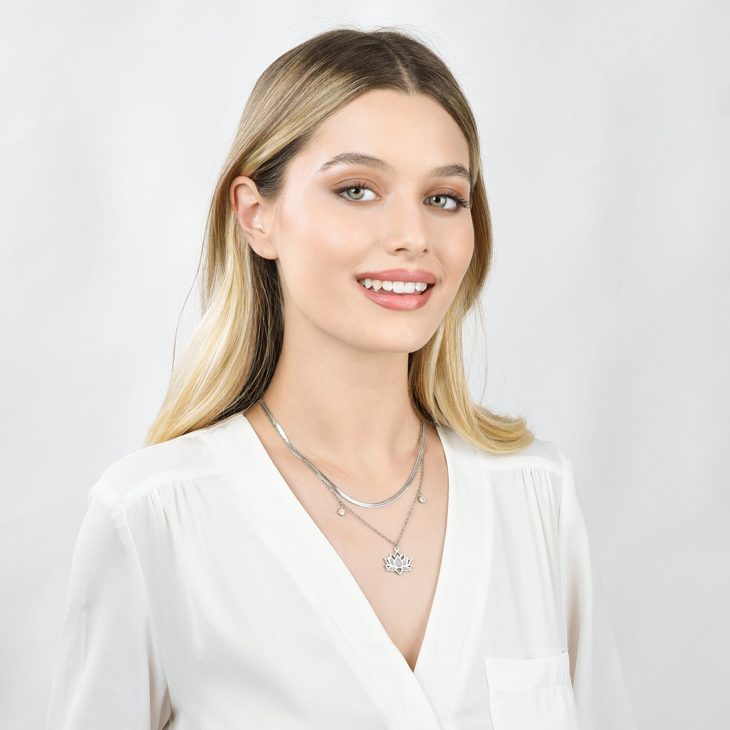 WOMEN'S STEEL LOTUS FLOWER NECKLACE WITH WHITE CRYSTALS