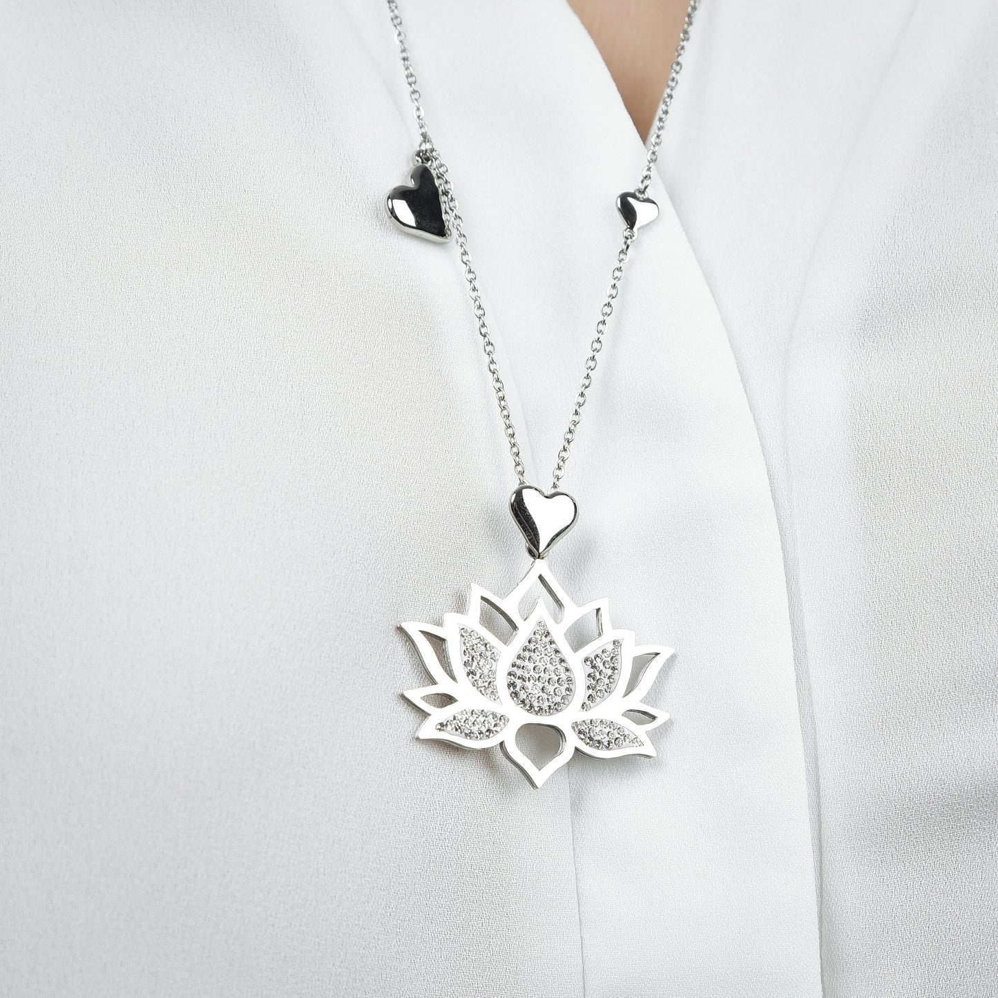 WOMAN'S NECKLACE IN STEEL WITH LOTUS FLOWER WITH WHITE CRYSTALS Luca Barra