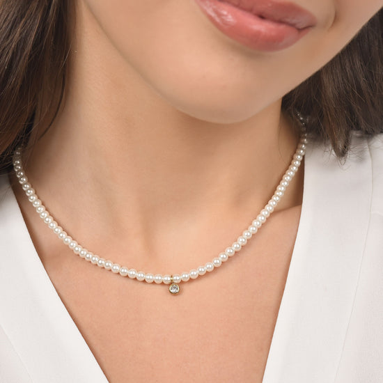 WOMAN'S NECKLACE IN IP GOLD STEEL WITH PEARLS WITH WHITE CRYSTAL Luca Barra