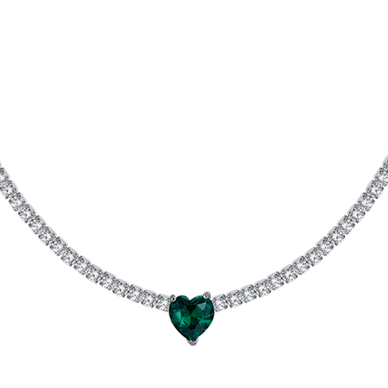 WOMEN'S STEEL TENNIS NECKLACE WITH WHITE CRYSTALS AND GREEN CRYSTAL HEART