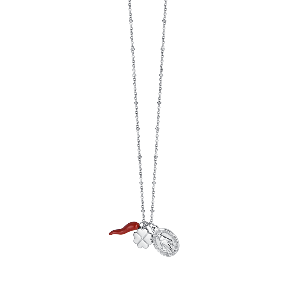 WOMAN'S NECKLACE IN STEEL WITH CHARM QUADRIFOGLIO, CORN AND MADONNA Luca Barra