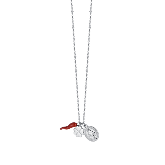 WOMAN'S NECKLACE IN STEEL WITH CHARM QUADRIFOGLIO, CORN AND MADONNA Luca Barra