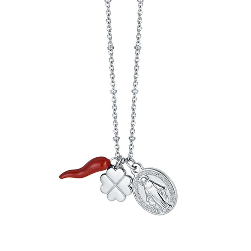 WOMEN'S STEEL NECKLACE WITH FOUR-LEAF CLOVER CHARM, HORN AND MADONNA