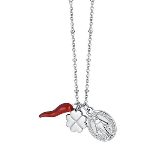 WOMEN'S STEEL NECKLACE WITH FOUR-LEAF CLOVER CHARM, HORN AND MADONNA