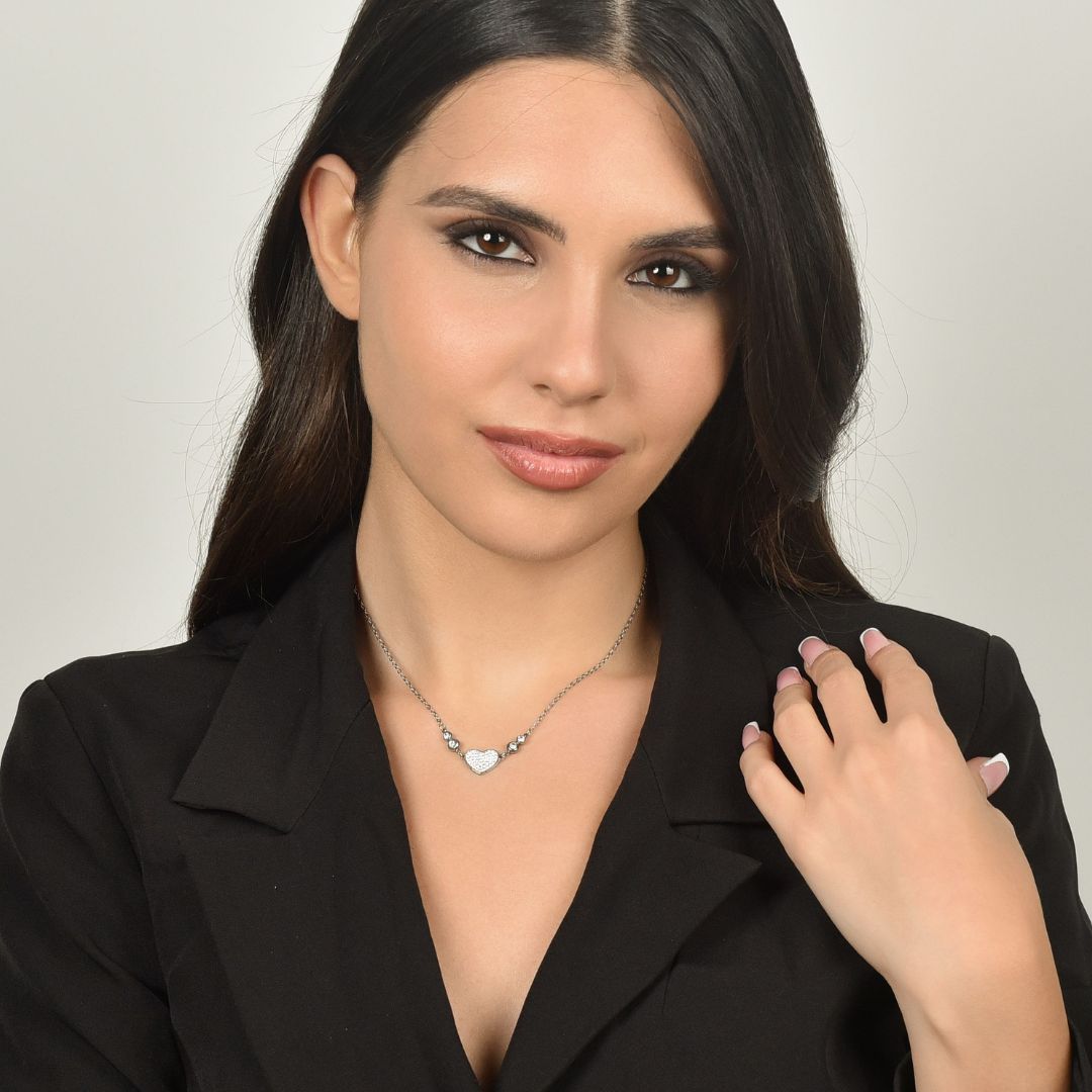 WOMEN'S STEEL HEART NECKLACE WITH WHITE CRYSTALS