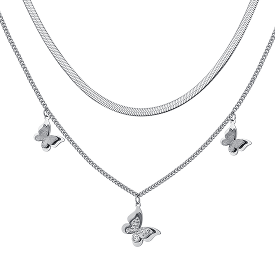 WOMEN'S STEEL BUTTERFLY NECKLACE WITH WHITE CRYSTALS