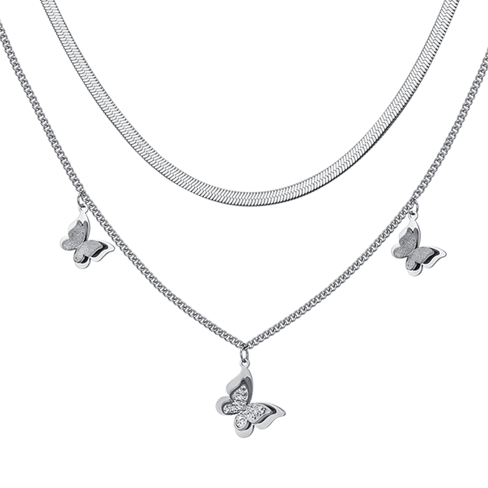 WOMEN'S STEEL BUTTERFLY NECKLACE WITH WHITE CRYSTALS