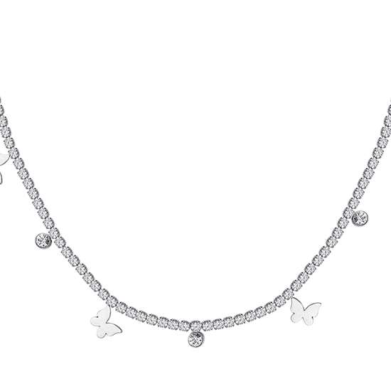 WOMEN'S STEEL TENNIS NECKLACE WITH WHITE CRYSTALS AND BUTTERFLIES