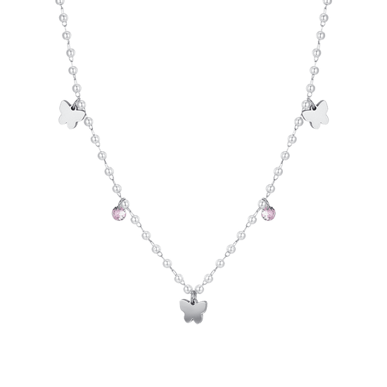 WOMEN'S STEEL PEARL NECKLACE WITH BUTTERFLIES
