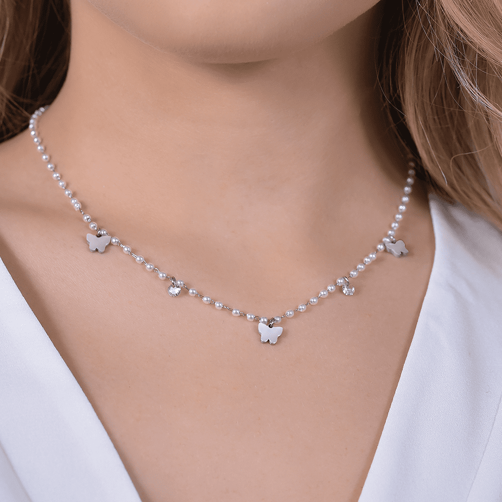 COLLANA DONNA IN ACCIAIO PERLE CON FARFALLE Luca Barra