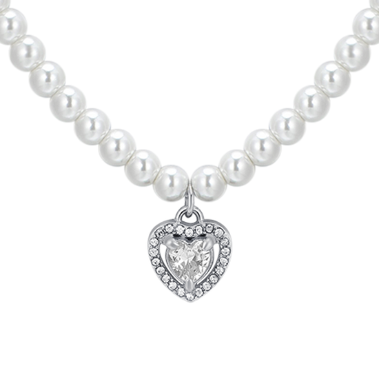 Upload image to Gallery WOMAN'S NECKLACE IN STEEL PEARLS AND WHITE ZIRCON HEART
