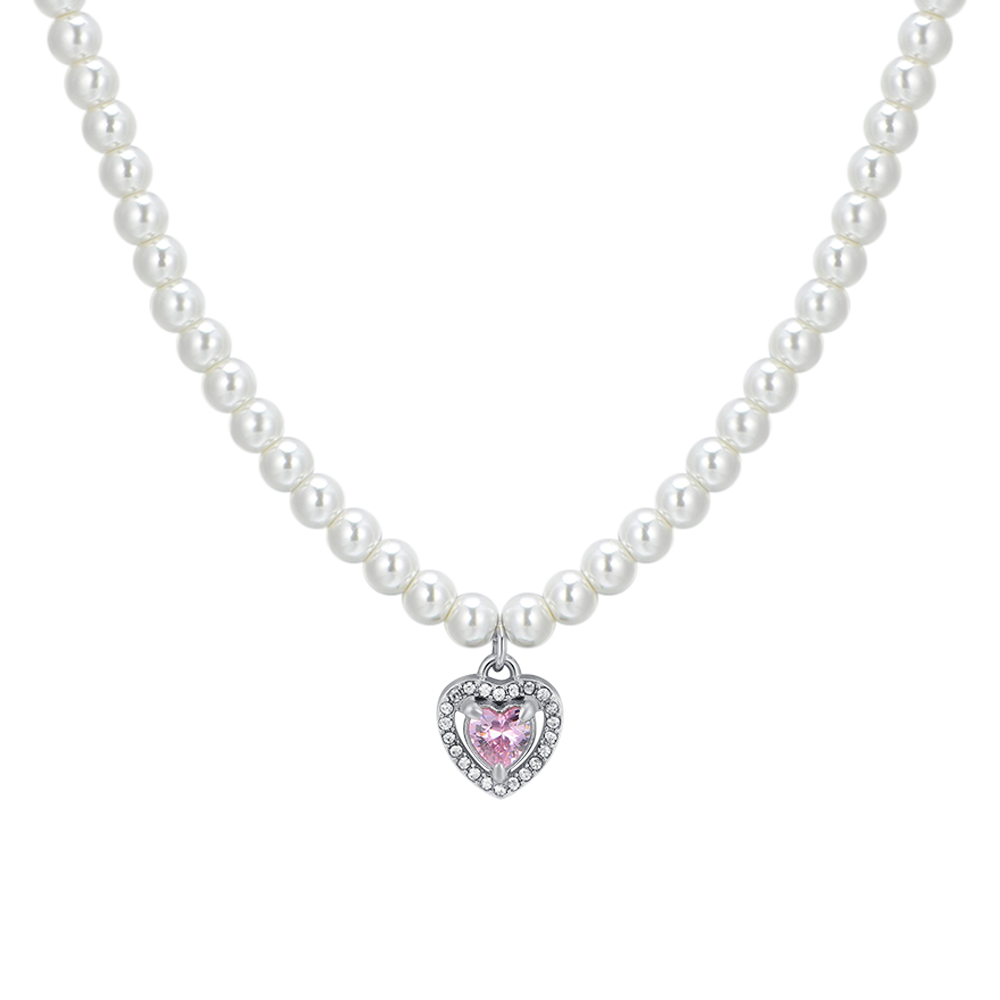 COLLANA DONNA IN ACCIAIO PERLE E CUORE ZIRCONE ROSA Luca Barra