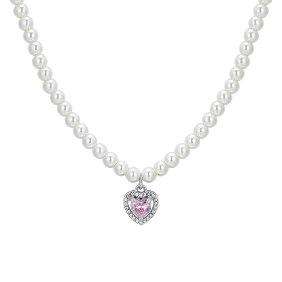 COLLANA DONNA IN ACCIAIO PERLE E CUORE ZIRCONE ROSA Luca Barra