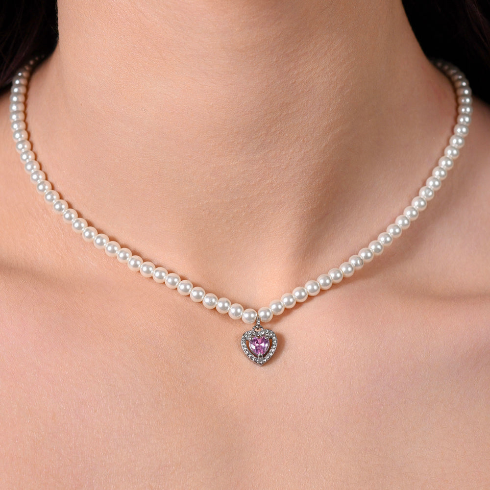 COLLANA DONNA IN ACCIAIO PERLE E CUORE ZIRCONE ROSA Luca Barra