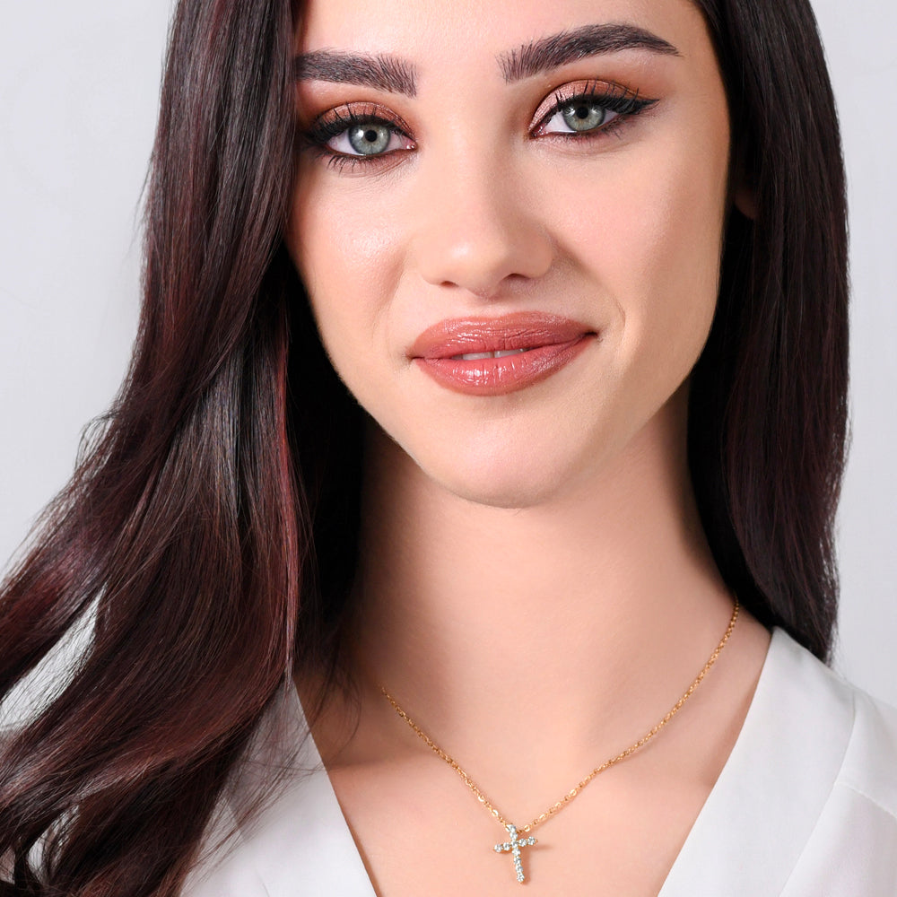 IP GOLD STEEL WOMEN'S NECKLACE CROSS WHITE CUBIC ZIRCONIA