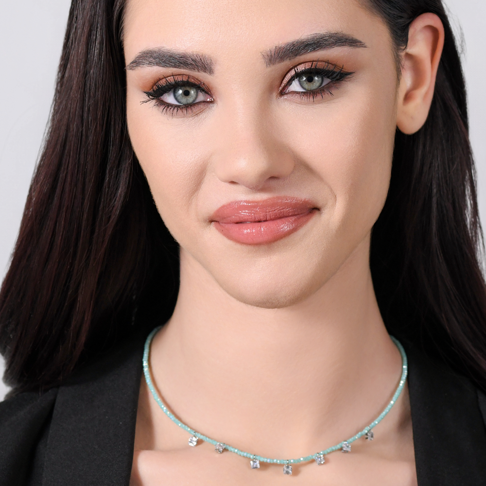 WOMEN'S STEEL NECKLACE TURQUOISE CRYSTALS AND WHITE CUBIC ZIRCONIA