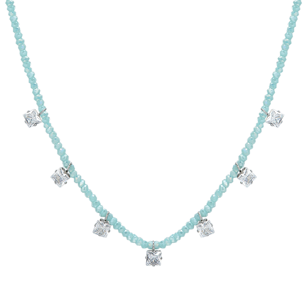 WOMEN'S STEEL NECKLACE TURQUOISE CRYSTALS AND WHITE CUBIC ZIRCONIA