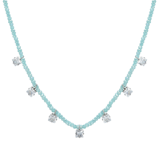 WOMEN'S STEEL NECKLACE TURQUOISE CRYSTALS AND WHITE CUBIC ZIRCONIA