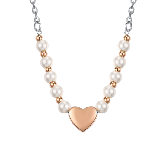 COLLANA DONNA IN ACCIAIO IP GOLD E PERLE BIANCHE CON CUORE IP ROSE