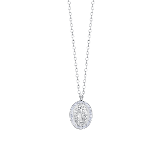 COLLANA DONNA IN ACCIAIO, MEDAGLIETTA CON MADONNINA E ZIRCONI BIANCHI