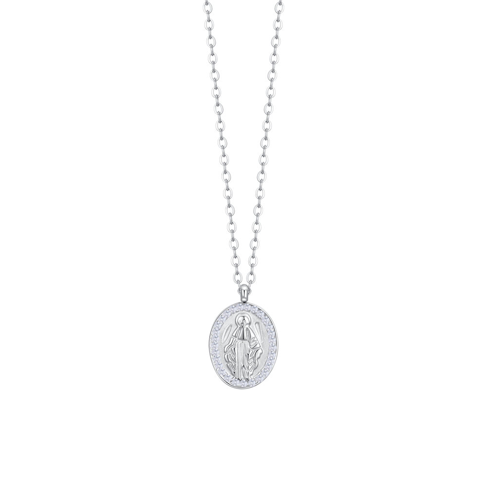 COLLANA DONNA IN ACCIAIO, MEDAGLIETTA CON MADONNINA E ZIRCONI BIANCHI