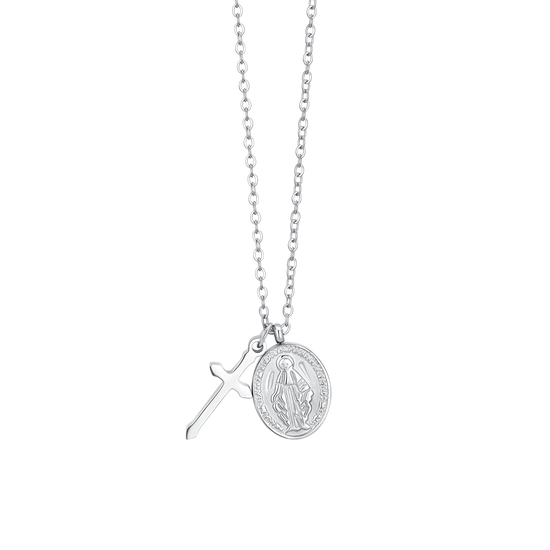 COLLANA DONNA IN ACCIAIO, MEDAGLIETTA CON MADONNINA MIRACOLOSA E CROCE
