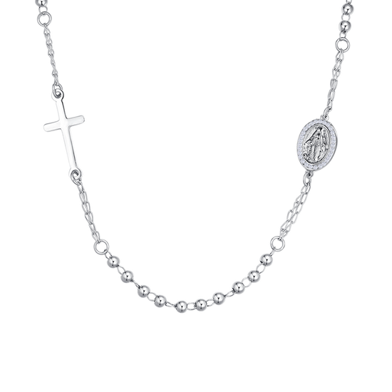 COLLANA DONNA ROSARIO IN ACCIAIO, MEDAGLIETTA CON MADONNINA MIRACOLOSA
