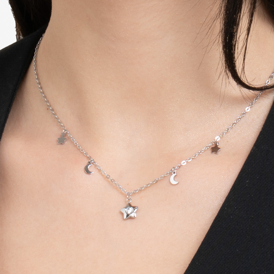 COLLANA DONNA IN ACCIAIO, STELLA CON ZIRCONE BIANCO, LUNE E STELLE
