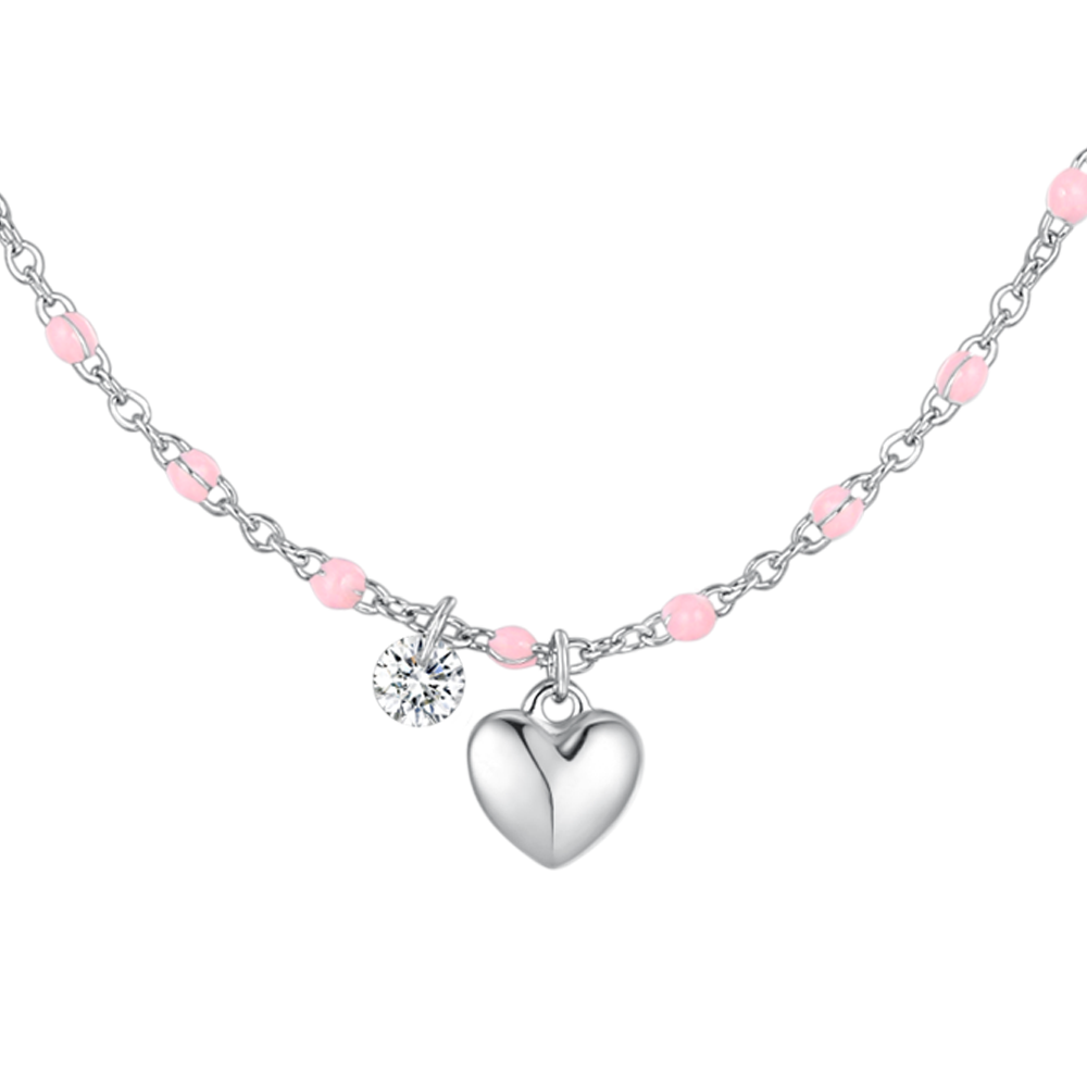 COLLANA DONNA IN ACCIAIO CON CUORE, CRISTALLO E PIETRE CON SMALTO ROSA