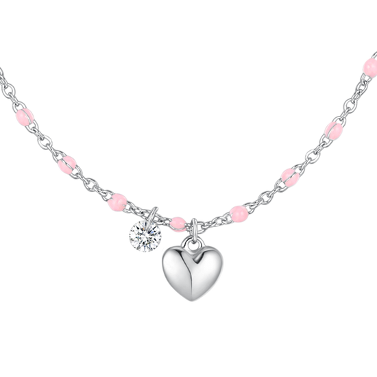 COLLANA DONNA IN ACCIAIO CON CUORE, CRISTALLO E PIETRE CON SMALTO ROSA