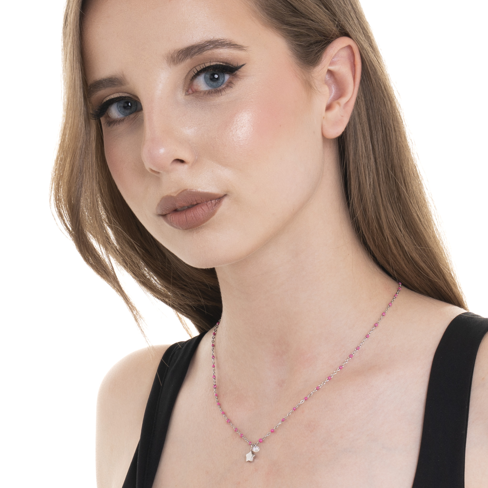 COLLANA DONNA IN ACCIAIO CON STELLA, CRTISTALLO E PIETRE CON SMALTO FUCSIA