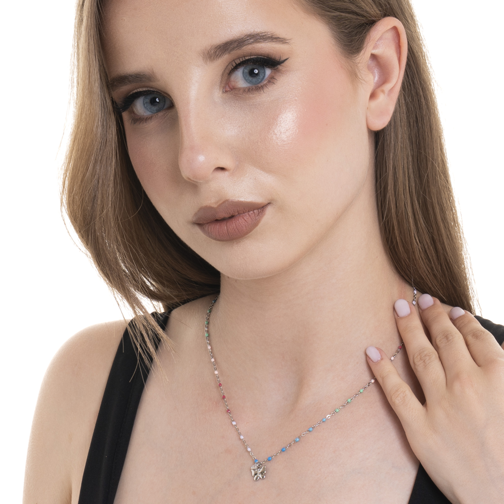 COLLANA DONNA IN ACCIAIO CON FARFALLA, CRISTALLO E PIETRE CON SMALTO MULTICOLOR