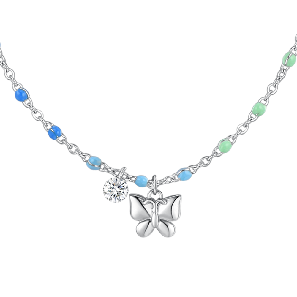 COLLANA DONNA IN ACCIAIO CON FARFALLA, CRISTALLO E PIETRE CON SMALTO MULTICOLOR