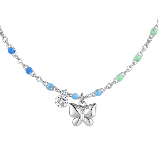 COLLANA DONNA IN ACCIAIO CON FARFALLA, CRISTALLO E PIETRE CON SMALTO MULTICOLOR