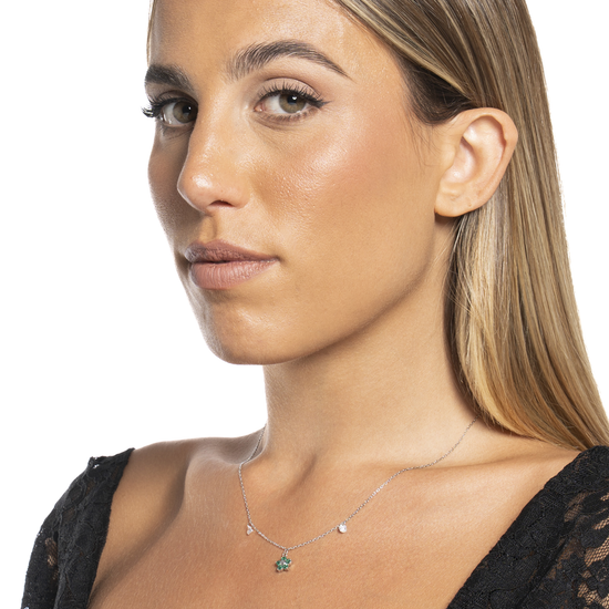 COLLANA DONNA IN ACCIAIO CON PENDENTE FIORE CON E PETALI ZICONE VERDE