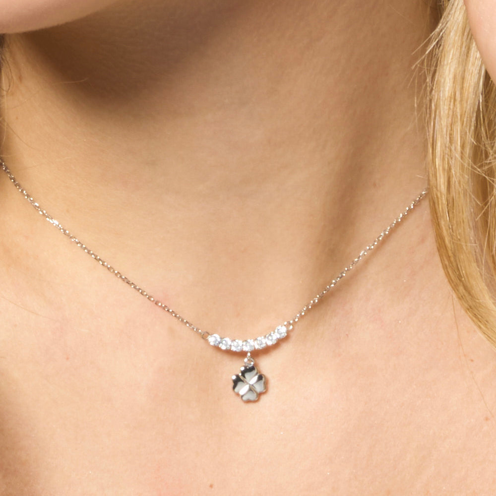 Amen Collana Donna In Argento 925 Con Ciondolo Quadrifoglio E Zircone Rosso – Fortuna E Eleganza, Lunghezza Regolabile 43-49 Cm