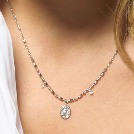 COLLANA DONNA IN ACCIAIO CON MADONNINA MIRACOLOSA E ZIRCONI BIANCHI
