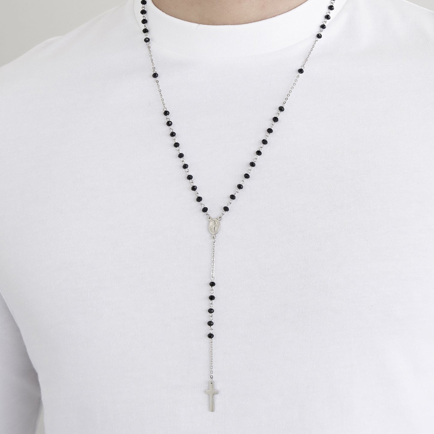 MEN'S ROSARY NECKLACE IN STEEL WITH BLACK CRYSTALS AND PENDANT Luca Barra