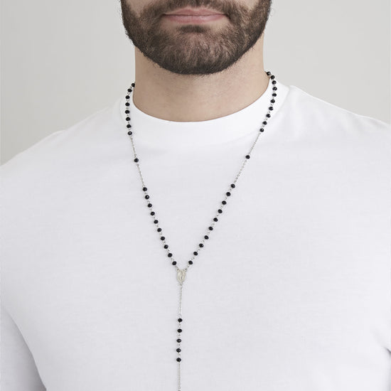 Carica immagine nella Galleria COLLANA UOMO ROSARIO IN ACCIAIO CON PIETRA LAVICA E PENDENTE
