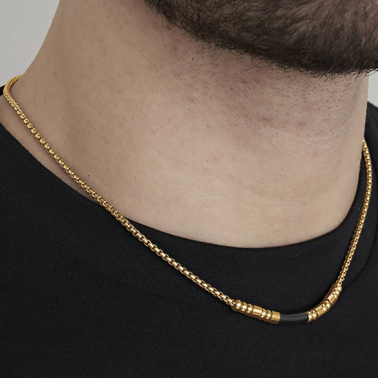MEN'S STEEL IP GOLD NECKLACE WITH BLACK IP ELEMENT