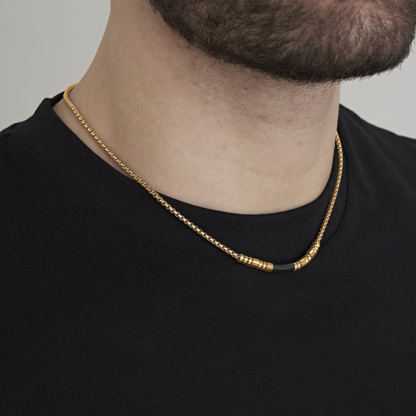 MEN'S STEEL IP GOLD NECKLACE WITH BLACK IP ELEMENT